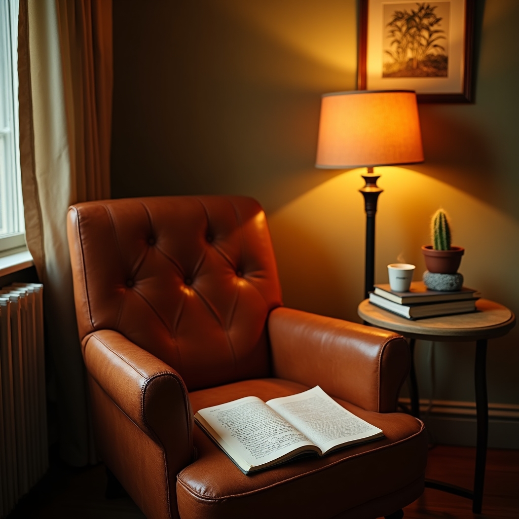 Gemütlicher Arbeitsbereich mit Büchern und Notizbüchern, warme Atmosphäre