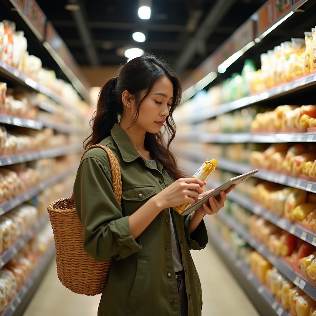 Person beim bewussten Einkaufen im Supermarkt mit Blick auf Produkte
