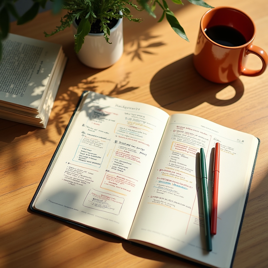 Lernmaterialien auf einem Schreibtisch mit Notizbuch und Kaffeetasse in warmem Licht